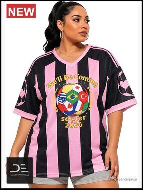 Plus Size Soccer Jersey Oversized V-Neck Tee Top for Women Fan Gift